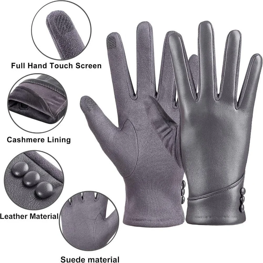 Women's Grey Winter Leather Suede Gloves Wool Lined Windproof Touchscreen